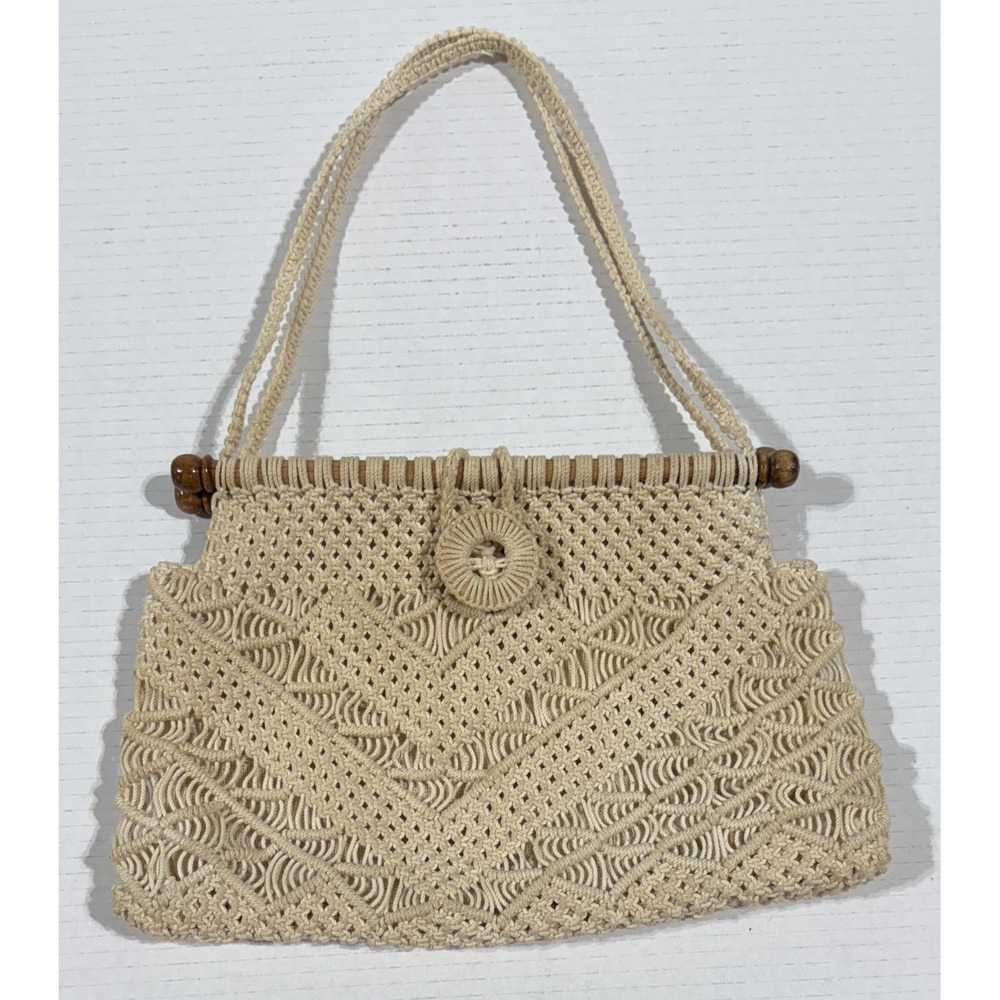 Vintage Macrame Boho Hippie Purse - 1970's Handbag with Wood Detail